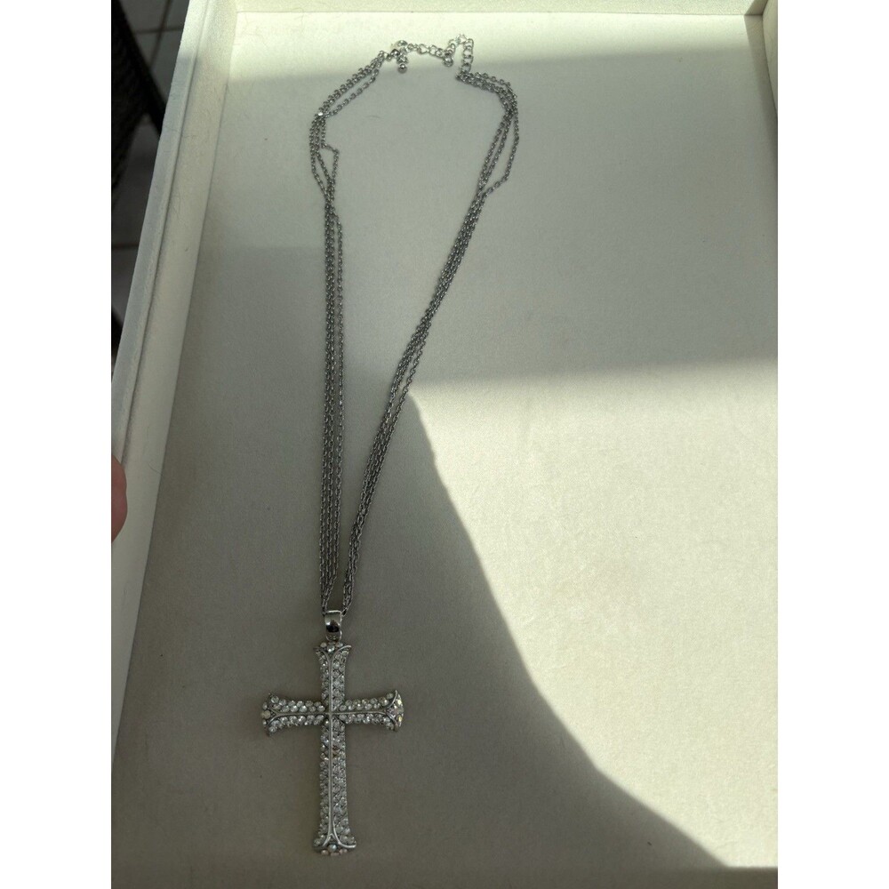 Silver Toned Large Cross Pendant Necklace Rhinestones Colored Crystals 26” Long